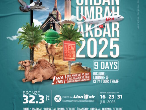 Paket Umroh 9 hari: 16 Juli 2025, 23 Juli 2025, 31 Julin 2025 bersama Tanur Muthmainnah Tour